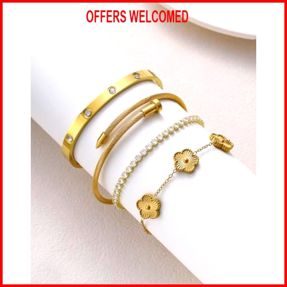 18k Gold Plated Stackable Bangle Bracelets Set St… - image 5